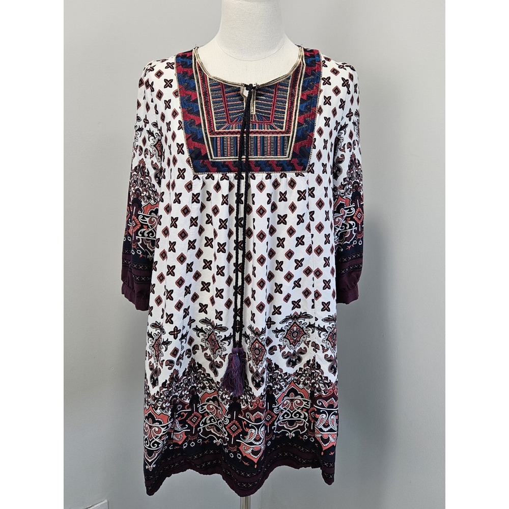Umgee USA Boho Embroidered Tunic Dress Burgundy Cream Size S A2633